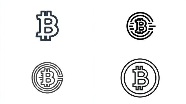 Four stylized renderings of a digital currency symbol in outlined design variants