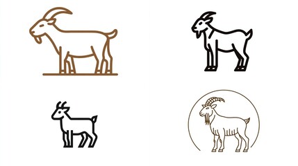 Four simple goat icons, minimalistic designs in brown and black on a white background