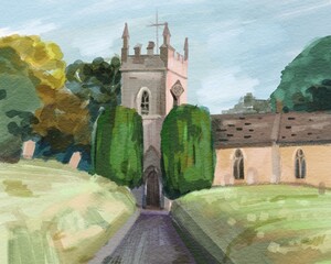 Idyllic Cotswold village landscape with a charming church, lush greenery, and classic architecture that captures England's timeless beauty. Watercolor illustration 

