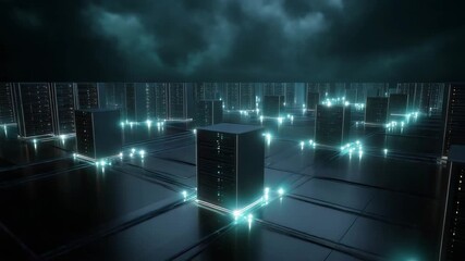 Futuristic data center with glowing lines connecting servers, representing advanced technology and digital networks. - Powered by Adobe
