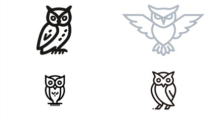 Owl illustrations showcasing different line art styles and varying levels of detail