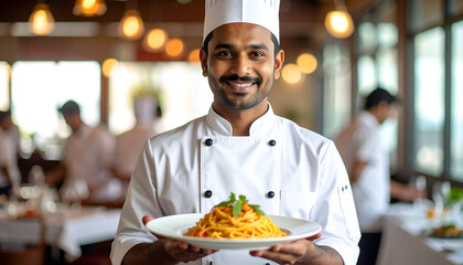 Smiling Chef Presents Pasta Dish in Restaurant Setting.