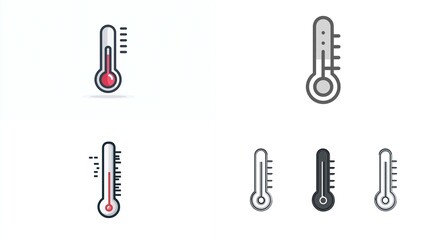 A set of simple thermometer icons showing varying degrees, color, and styles