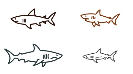 Four cartoon sharks are depicted in a simple, line art style with varying colors