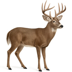 Obraz premium Majestic whitetail buck standing alert on seamless white studio backdrop with sharp antlers glossy eyes and soft shadow isolated for cutout