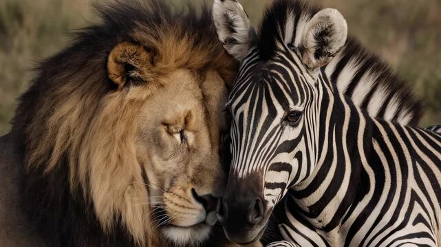 A lion and zebra share an intimate moment, side by side, conveying a unique sense of companionship