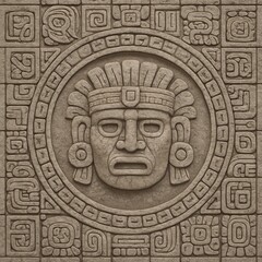 Weathered Mesoamerican stone relief texture with central deity mask intricate glyph patterns and ceramic tile mosaic aesthetic inspired by ancient Maya