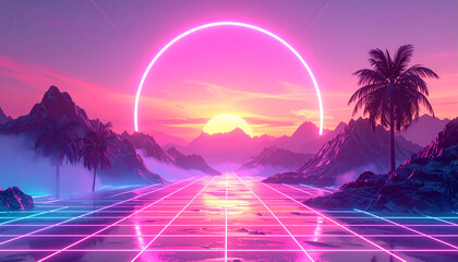 Vaporwave Sunset Landscape with Neon Grid and Palm Trees.