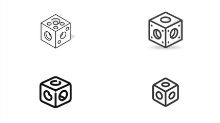 Four isometric cubes with rounded holes on each face, presented with different line styles