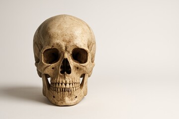 Fototapeta premium Antique human skull study isolated on pristine white studio background with dramatic side light forensic anatomy object high detail realistic cutout
