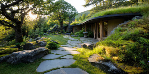 Fototapeta premium Eco-friendly house with a green roof and garden