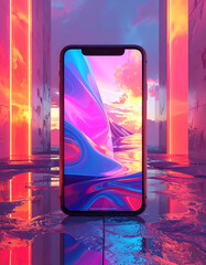 Smartphone with Abstract Neon Wallpaper in a Futuristic Cyberpunk Setting.