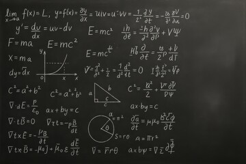 Chalkboard packed with complex physics equations calculus and diagrams hand drawn white chalk on matte black surface academic classroom background with copy space