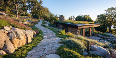 Stone Pathway to Modern Eco-Friendly Home