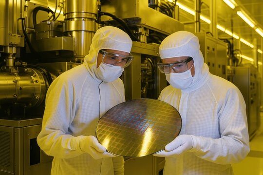 Cleanroom semiconductor fabrication with masked engineers supervising wafer lithography machines neon reflections high tech industry production line ultra clean environment - Powered by Adobe