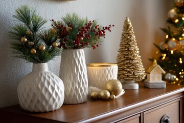 Christmas decor displays white vases golden ornaments and a decorative gold Christmas tree