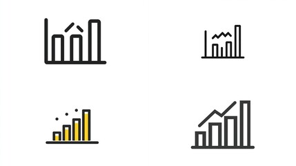 Minimalist set of growth bar graph icons showing charts, analytics, and stock progress
