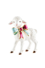 Vintage faience lamb figurine with pastel bow, PNG with transparent background, seasonal decorative ceramic piece.