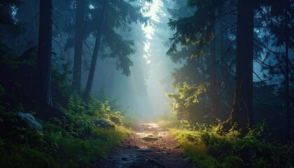 Lush Forest Path Sunlight Streaming Through Trees with Fog in a Nature Scene with Greenery and Bright Rays