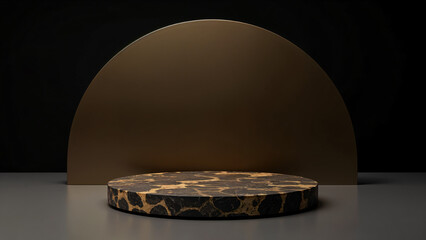 3d rendering of luxury cooper podium for product presentation on black background with copper line, abstract minimal concept, elegant minimalist classic mockup
