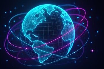 Fototapeta premium Luminous digital globe wrapped in neon data streams and a web of network nodes over dark grid background showing global connectivity and AI evolution