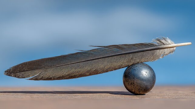 Black feather balanced on a metallic sphere against a blue sky background showcasing nature and minimalistic art