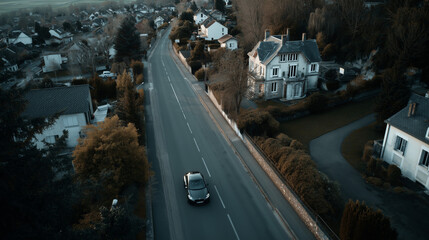 Aerial view of a suburban street in France at dusk