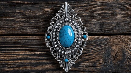Naklejka premium Intricate Silver Brooch with Turquoise Gem Set Against Weathered Wooden Background
