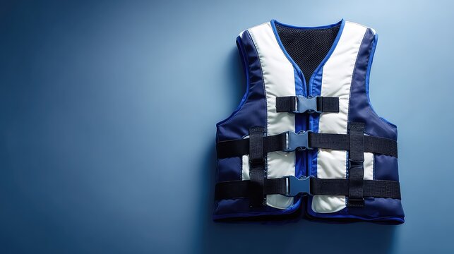 Bright Blue Life Vest on Soft Blue Background for Safety and Water Sports Activities