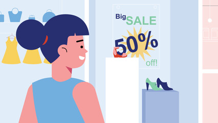 Woman Shopping at Store with 50% Off Sale Sign