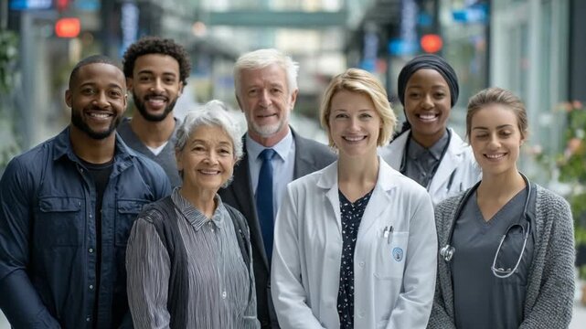 Diverse hospital team stands together in bright corridor celebrating the healthcare hero spirit Video 4K UHD 60fps
