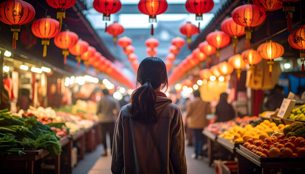 Woman walking through a vibrant Asian market adorned with numerous red lanterns.