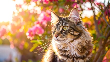 Fluffy Maine Coon in Sunset Flowers