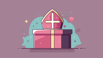 Gift box with bishop mitre hat symbolizing St. Nicholas Day celebration festive background.