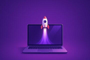 Startup launch concept laptop igniting rocket on purple gradient background minimal illustration for entrepreneurship innovation and app promotion