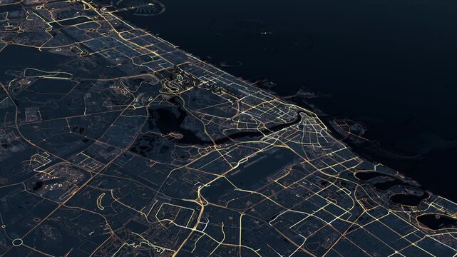 Night aerial map of Dubai with illuminated road network and coastline visible in structured urban layout