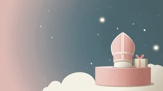 Gift box with bishop mitre hat symbolizing St. Nicholas Day celebration festive background.