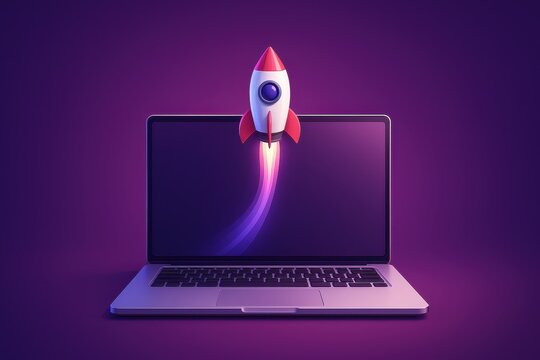 Startup launch concept laptop igniting rocket on purple gradient background minimal illustration for entrepreneurship innovation and app promotion