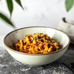 Light-colored bowl of stir-fried noodles