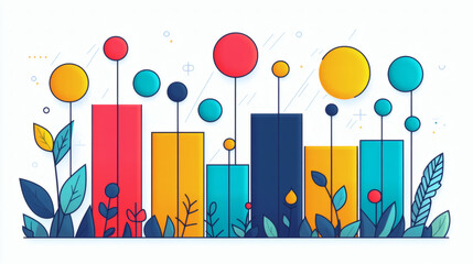 Colorful abstract graphic design with plants and bar charts