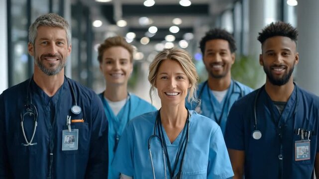 Multidisciplinary lineup smiles with pride reflecting the healthcare hero ethos Video 4K UHD 60fps