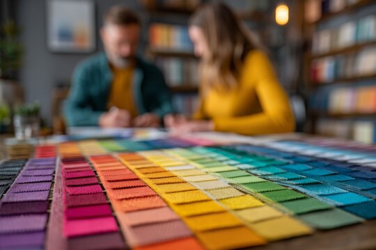 Close-up of vibrant fabric color swatches, inspiring interior designers collaborating.