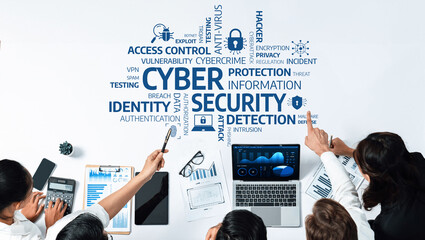 This image showcases a collaborative approach to cyber security, highlighting key concepts like protection, detection, and identity management in a professional setting. Amity