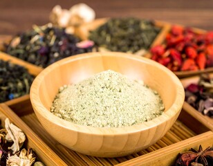 Light-colored powder in a wooden bowl, surrounded by various dried herbs and teas