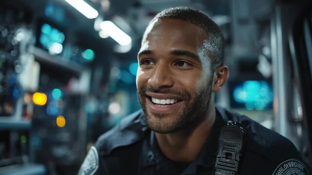 Responder with headset laughs during debrief modeling a healthcare hero culture Video 4K UHD 60fps