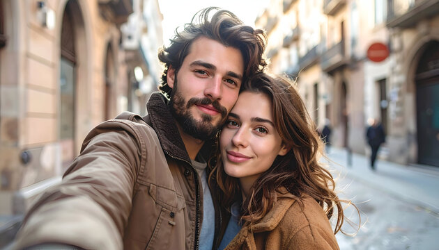 Happy couple taking a selfie in a beautiful European city street.