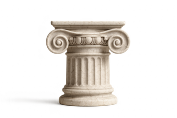 Classic ionic column capital with ornate volutes weathered marble texture and subtle shadows isolated on a clean white studio background for design