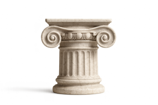 Classic ionic column capital with ornate volutes weathered marble texture and subtle shadows isolated on a clean white studio background for design