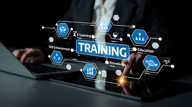 A business professional engages with a digital interface showcasing training and e-learning elements, highlighting a modern approach to skill enhancement and knowledge acquisition. Tessel