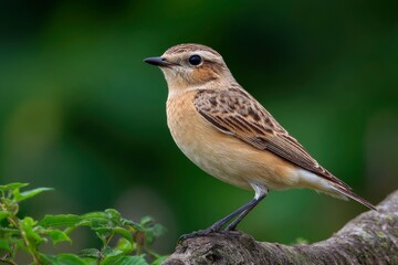 Small brown bird perched on a branch It has a black beak and legs with speckled feathers on the back Green foliage in background